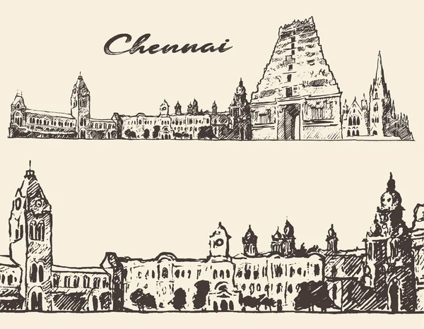 Chennai ilustración grabada boceto dibujado a mano — Archivo Imágenes Vectoriales