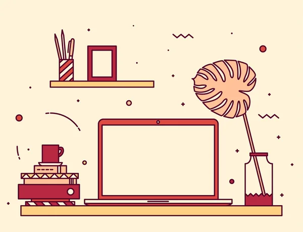 Espacio de trabajo estilo lineal teclado libros de moda — Vector de stock