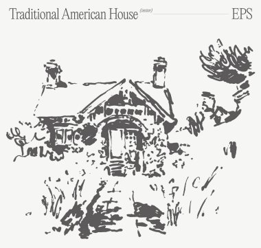 Bu, doğayla güzel bir şekilde çevrili geleneksel bir Amerikan evinin büyüleyici ve sanatsal bir çizimi.