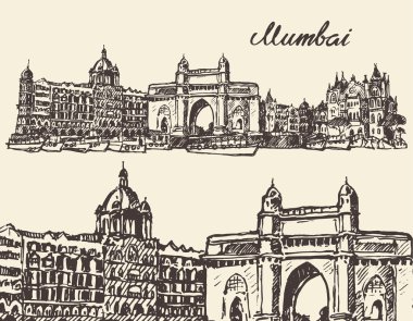 Mumbai skyline vintage vector illustration sketch clipart