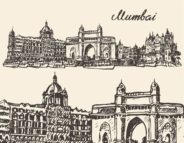 Mumbai skyline vintage vektor illustration skiss — Stock vektor