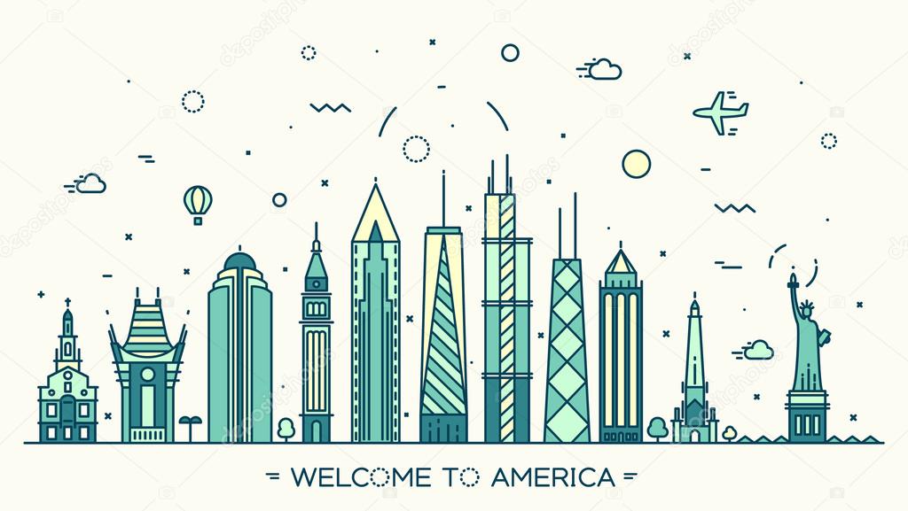 United States America skyline vector linear style