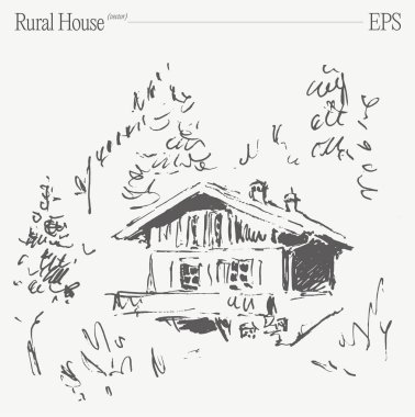 Bereketli yeşillikler ve yükselen ağaçlar arasında geçen tuhaf bir kır evi içeren huzurlu ve huzurlu bir çizim.