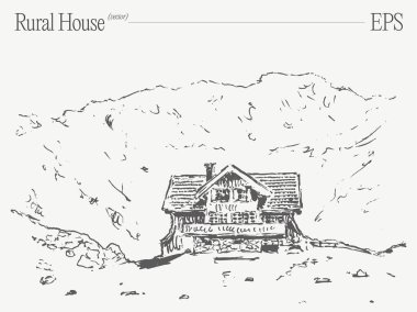 Göz kamaştırıcı bir dağ manzarasına yerleşmiş samimi, davetkar bir kır evini tasvir eden güzel detaylı bir çizim.