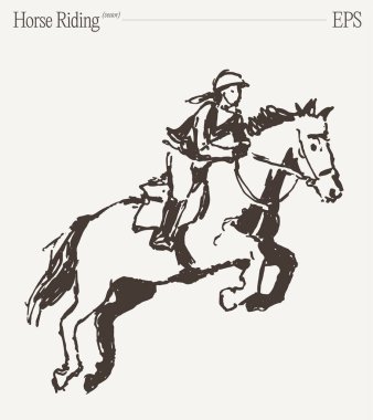 Binicilik Sporcusu At Çizimi Üzerine Atlayan Engel. Vektör illüstrasyonu