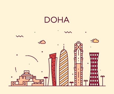 Doha manzarası siluet illüstrasyon doğrusal stili
