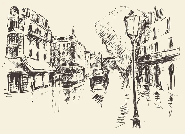 Calles París Francia ilustración vintage dibujado — Vector de stock