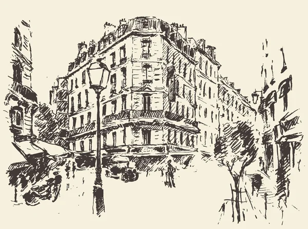 Ruas Paris França ilustração vintage desenhada —  Vetores de Stock