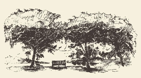 Романтичне дерево з лавочкою намальованим ескізом — стоковий вектор