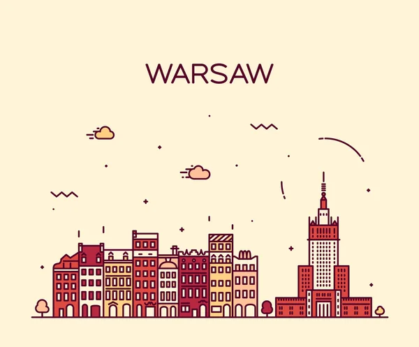 Warszawie panoramę sylwetka ilustracja liniowa — Wektor stockowy