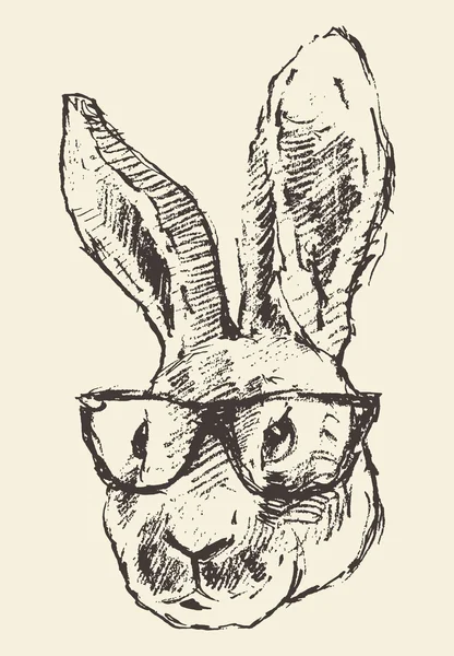 Kepala kelinci kacamata hipster tangan digambar sketsa - Stok Vektor