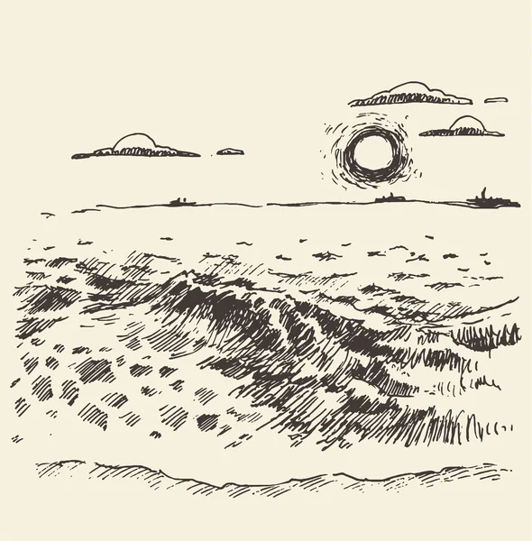 Mão desenhada paisagem mar nuvens pôr do sol esboço — Vetor de Stock