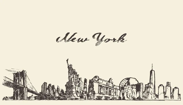 New York city skyline vector engraved drawn sketch — Stock Vector