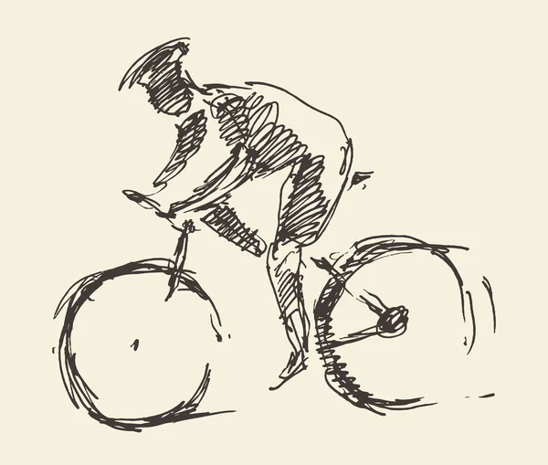 Bicyclist rider hombre bicicleta vector dibujado a mano boceto — Vector de stock