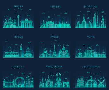 Europe silüetini Paris Londra Barcelona Hat sanatı