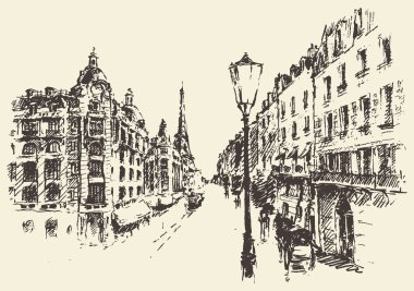 Sokaklar Paris Fransa vintage resimde çizilmiş