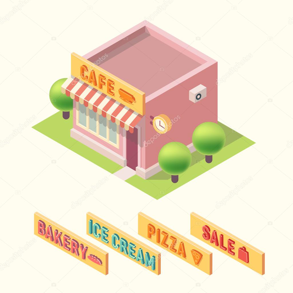 Flat 3d isometric cafe bakery ice cream pizza sale