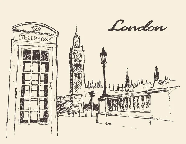 Strade a Londra Inghilterra Bus Big Ben disegnato — Vettoriale Stock