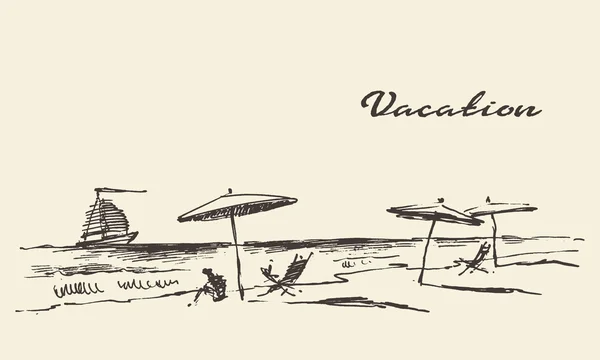 Affiche de vacances dessinée vue mer croquis de plage — Image vectorielle