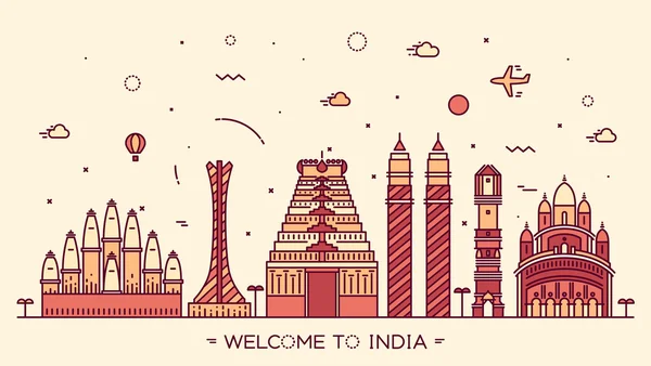 Skyline India silueta ilustración lineal — Vector de stock