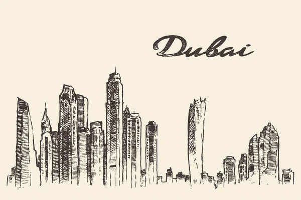 Ilustrasi vektor gambar tangan Dubai City - Stok Vektor