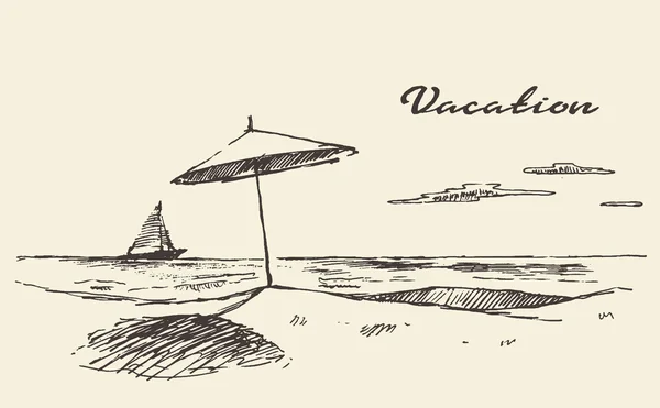 Affiche de vacances dessinée vue mer croquis de plage — Image vectorielle