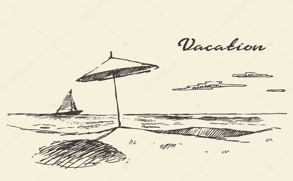 Summer vacation concept in line art drawing style Coast of the sea  umbrella people relaxing on a 10839022 Vector Art at Vecteezy