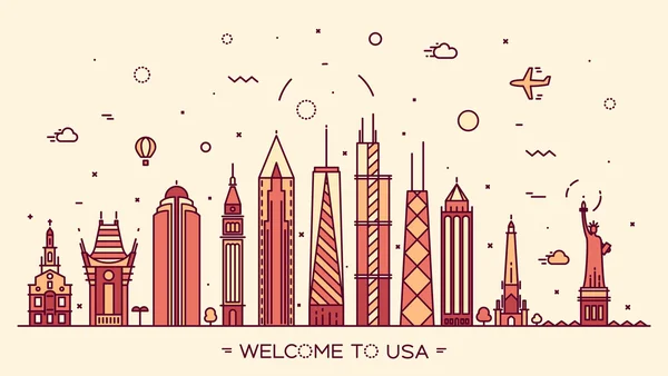 USA skyline silhouette illusztráció lineáris stílusa — Stock Vector