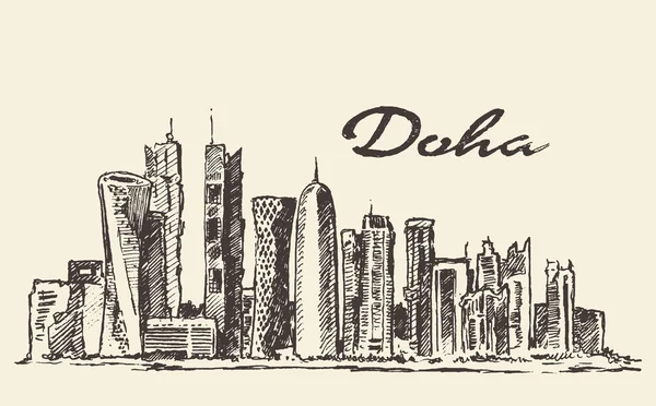 Doha skyline vector illustratie hand getrokken — Stockvector