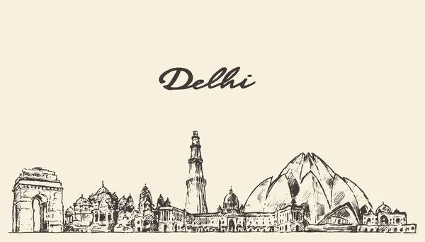 Delhi skyline vektoros illusztráció kézzel rajzolt — Stock Vector