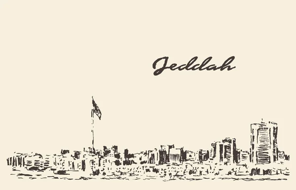 Desenho Jeddah skyline vector ilustração desenhada — Vetor de Stock