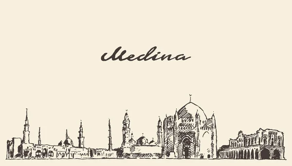 Medina skyline vector engraved illustration drawn — Stock Vector