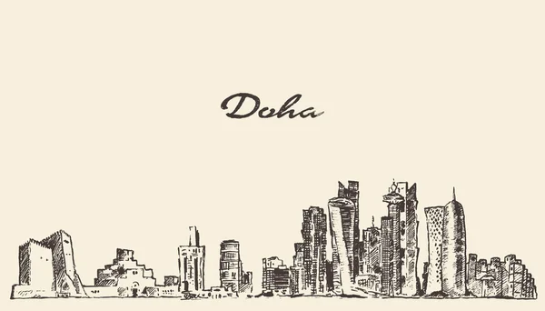 Doha skyline vetor ilustração mão desenhada —  Vetores de Stock