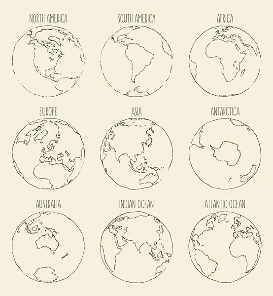 Schets globe Amerika Afrika Europa Azië Australië — Stockvector