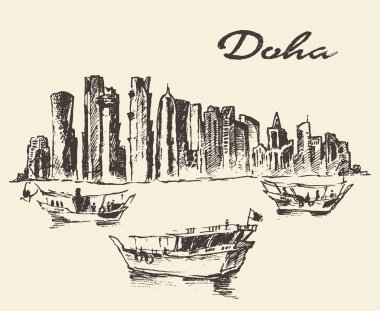 Doha manzarası Dhow Katar resimde çizilmiş kroki