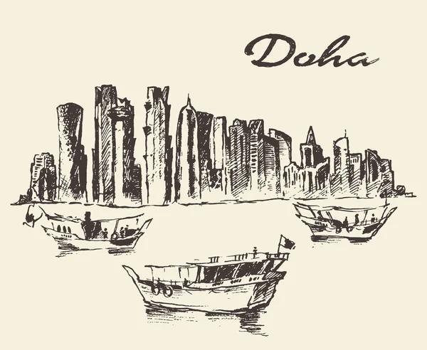 Doha skyline Dhow Qatar ilustração esboço desenhado — Vetor de Stock