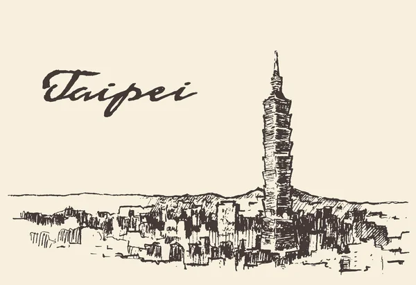 Skyline di Taipei Schizzo disegnato a mano vettore Taiwan — Vettoriale Stock