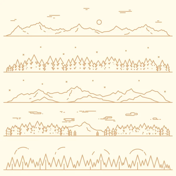 Establecer montañas horizontales abeto bosque estilo lineal — Archivo Imágenes Vectoriales