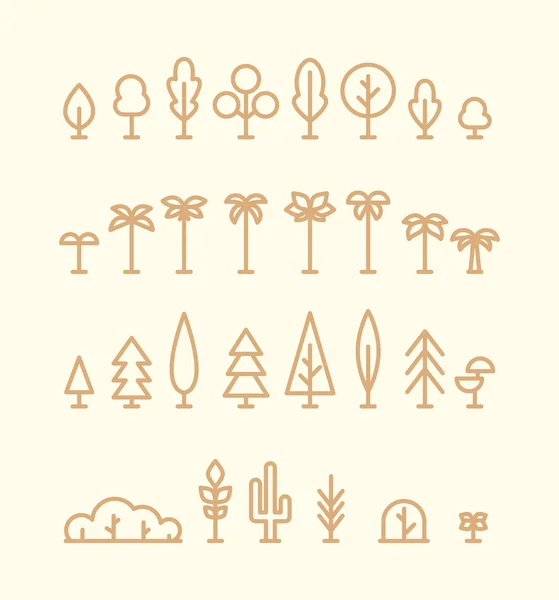 Set tipos árboles palmeras abeto abetos arbustos lineales — Archivo Imágenes Vectoriales