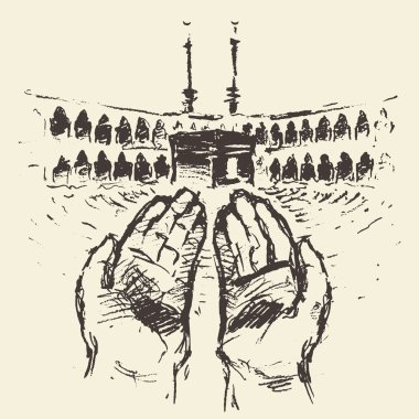Kutsal Kabe Mekke Suudi Arabistan çizilmiş eller dua