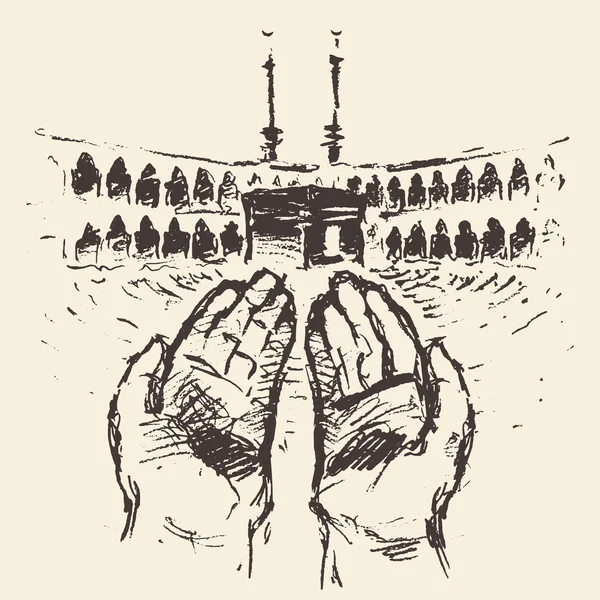 Holy Kaaba Mecca Saudi Arabia praying hands drawn — Stock Vector