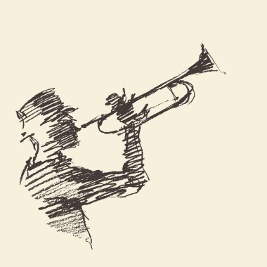 Jazz poster Man playing trumpet drawn sketch clipart