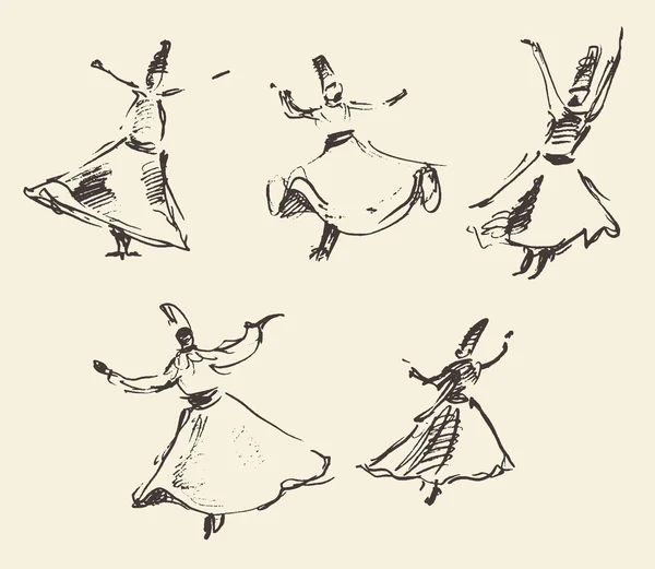 Virvlande dervischer mevlana sufi hand ritad skiss — Stock vektor