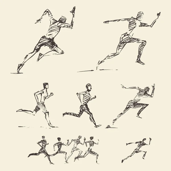 Set dibujado corriendo hombre sano vector bosquejo — Archivo Imágenes Vectoriales