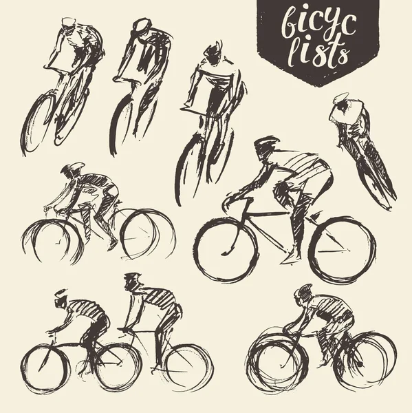 Hand Rita set mountain cyklist cykel cykel skiss — Stock vektor