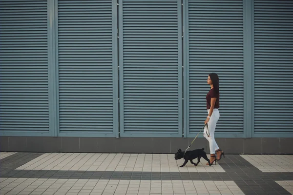 Красива жінка з чорним французьким цуценям бульдога на вулиці — стокове фото