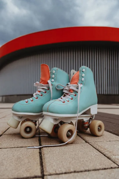 Close Photo Cute Mint Four Wheeled Roller Blades — Stock fotografie