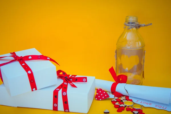 Gift boxes, love message and bottle — Φωτογραφία Αρχείου