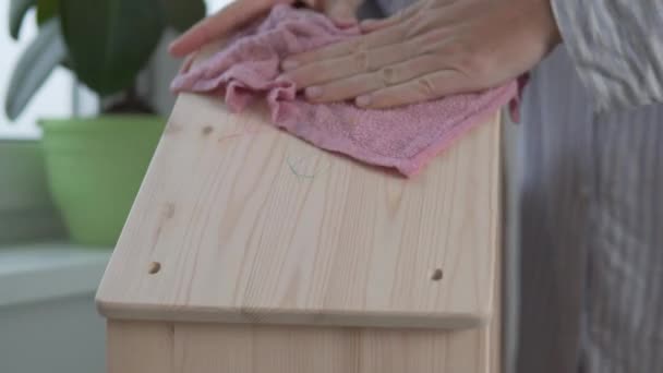 Primer plano, una ama de casa mujer lava una casa de madera para muñecas pintadas con marcadores — Vídeos de Stock