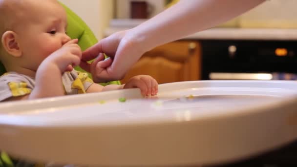 Máma krmí dítě v dětském křesle první návnada. — Stock video